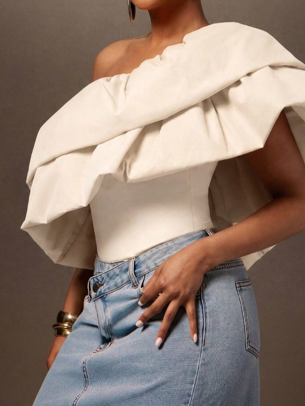 Apricot Party Women's Woven One Shoulder Double Ruffle Blouse